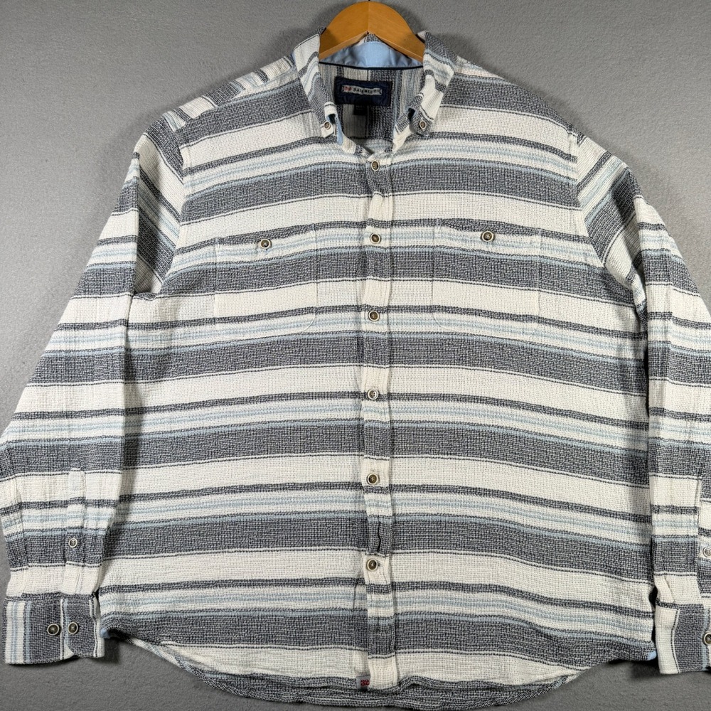 32 Bar Blues Mens Grey Blue Striped Waffle Knit Cotton Button Down Shirt XL